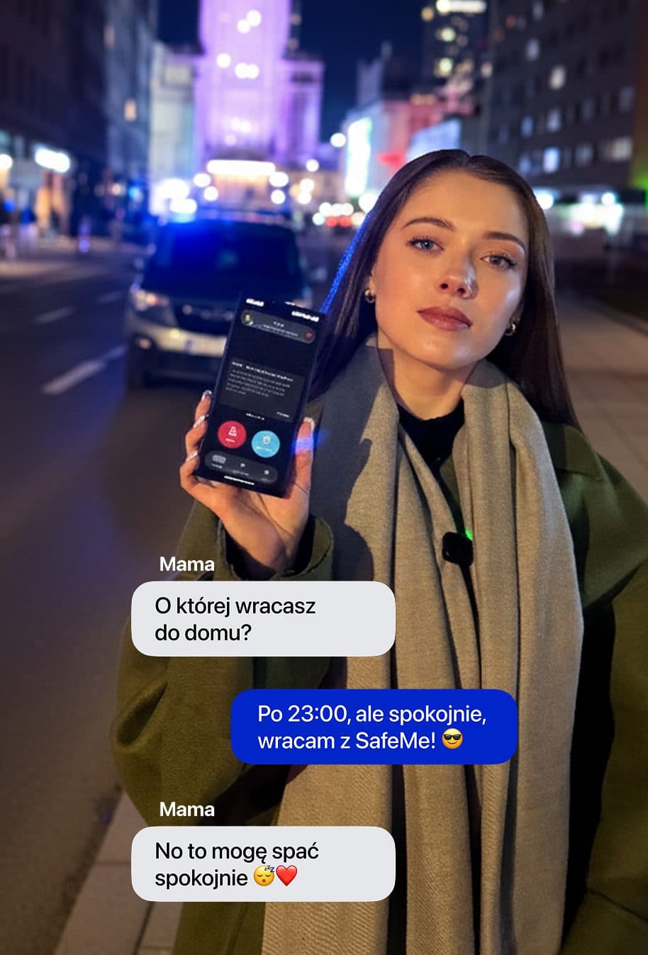 Nastolatka pisząca do mamy, że bezpiecznie wraca do domu z SafeMe