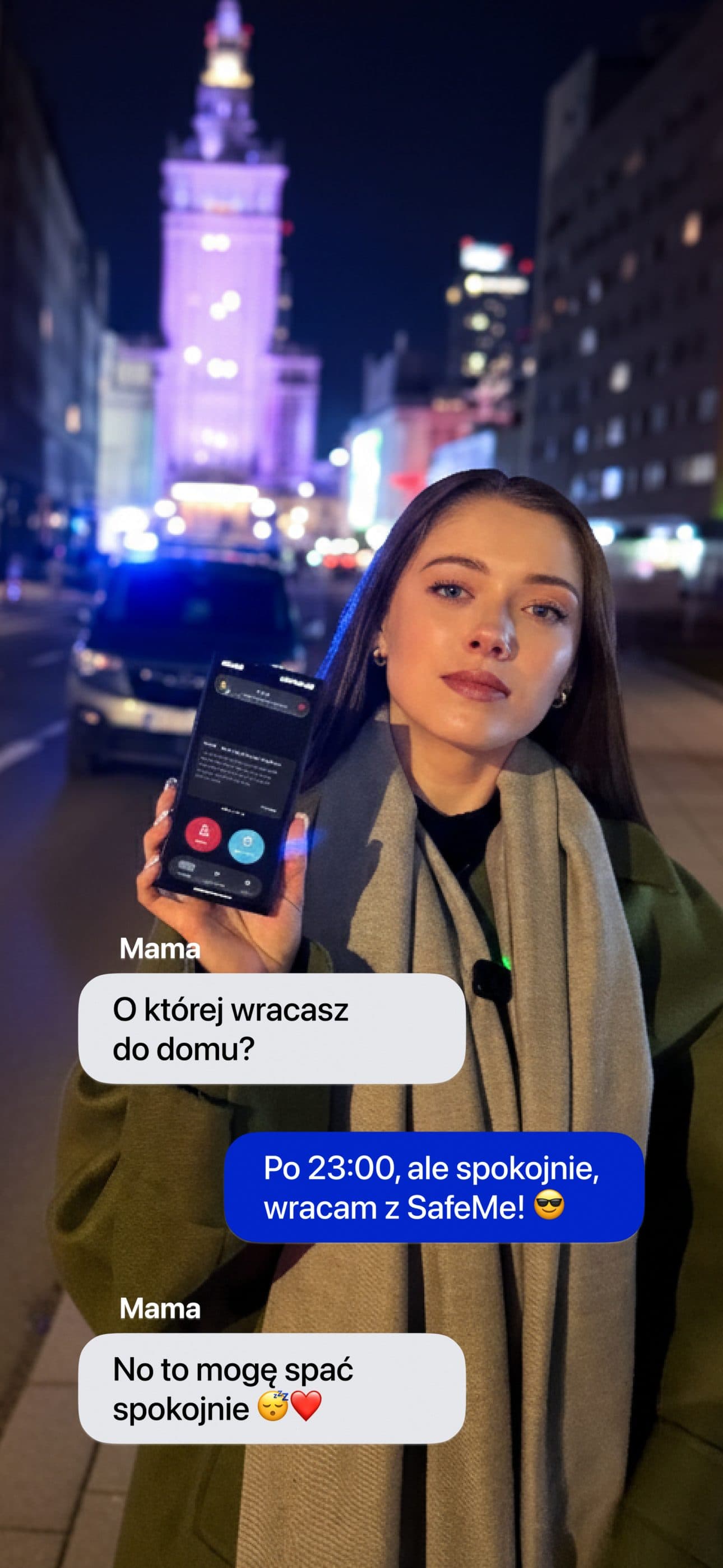 Kobieta wracająca nocą zamówionym kursem pod obserwacją SafeMe